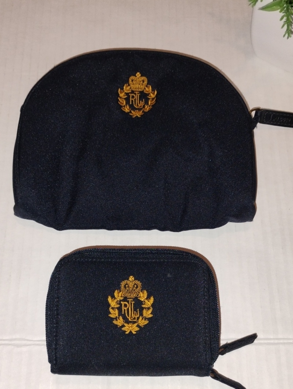 Lauren Ralph Lauren Vintage Cosmetic Bag and Wallet. Navy color with Gold Crest.
